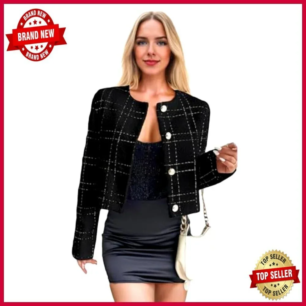 Tweed Cropped Blazer Collarless Plaid Open Front Loose Fit_5